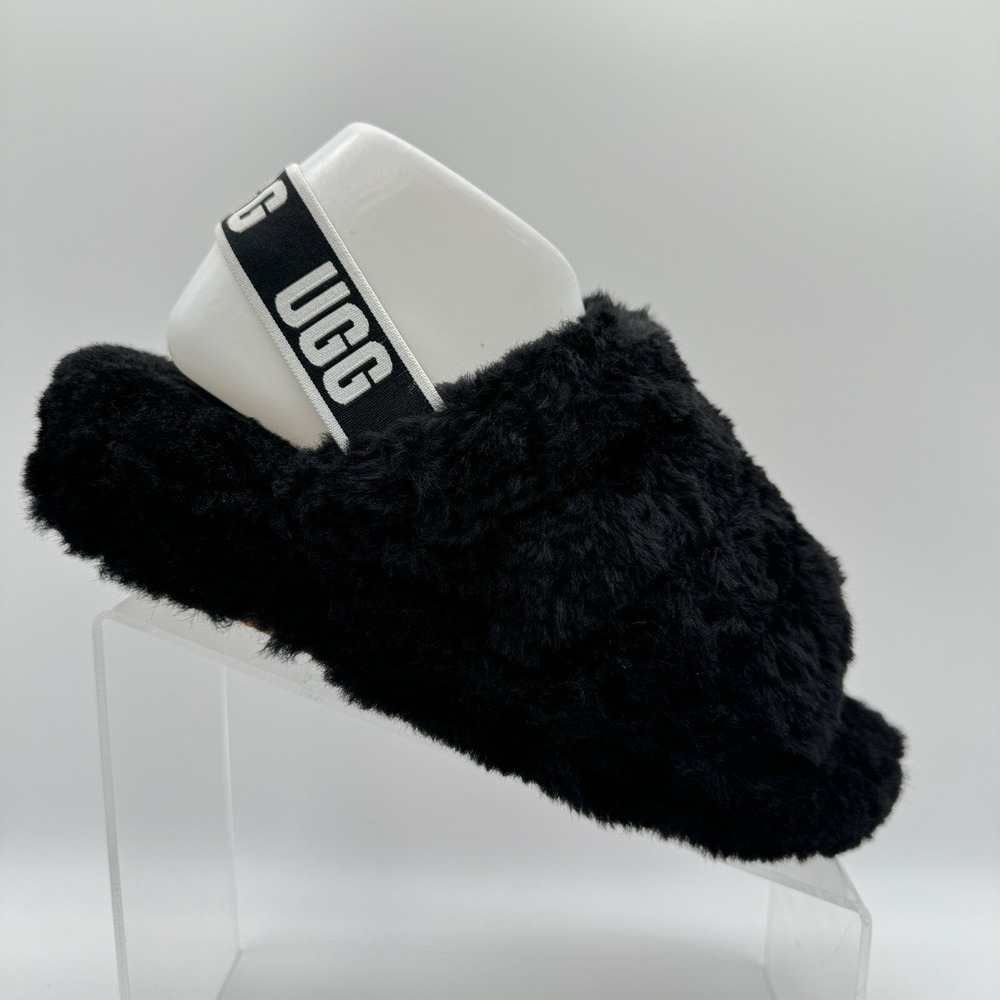 UGG Fluff Yeah Womens Black Slingback Preppy Logo Fur Slippers Sandal Size 10 T3